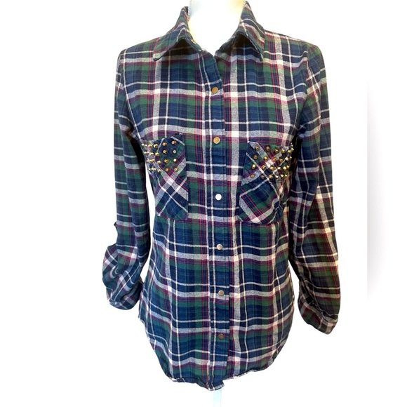 Moon Collection Studded Plaid Flannel Button Down Shirt Girls Size Large 14-16 - Picture 1 of 7